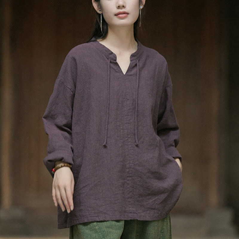 Camisa de mujer de lino y ramio de manga larga de color liso retro con Buddha Stones