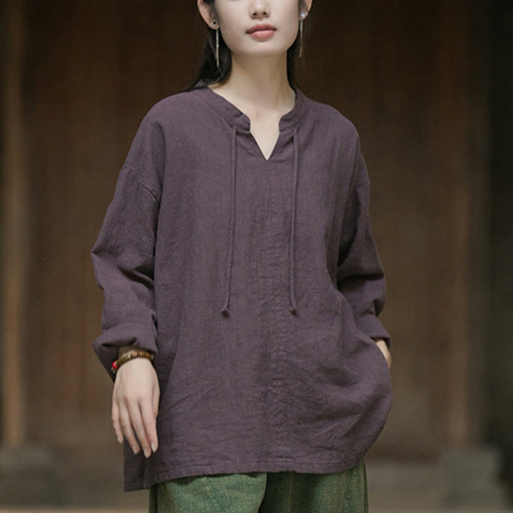Camisa de mujer de lino y ramio de manga larga de color liso retro con Buddha Stones