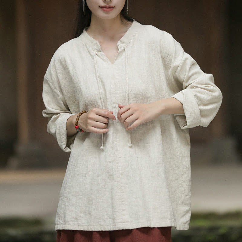 Camisa de mujer de lino y ramio de manga larga de color liso retro con Buddha Stones - image 11