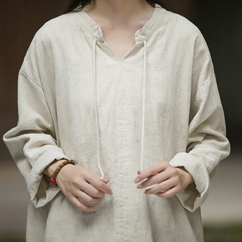 Camisa de mujer de lino y ramio de manga larga de color liso retro con Buddha Stones