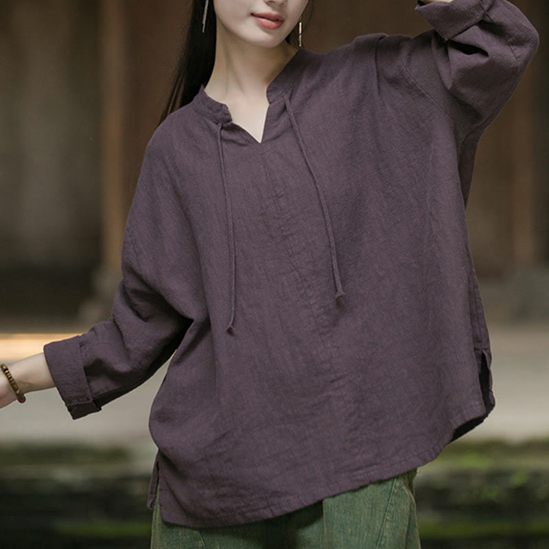Camisa de mujer de lino y ramio de manga larga de color liso retro con Buddha Stones