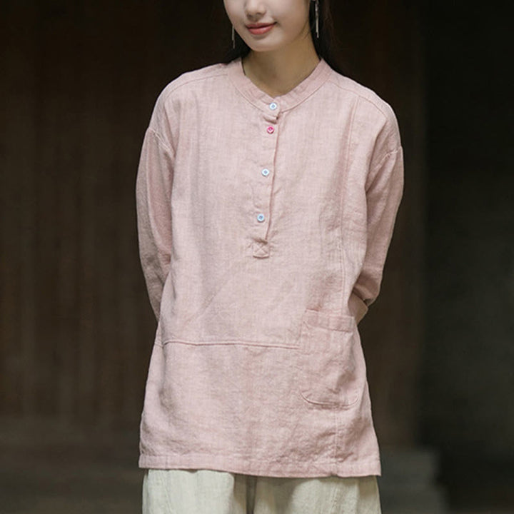 Camisa de mujer de lino y ramio con manga larga y medio botón de color liso con Buddha Stones