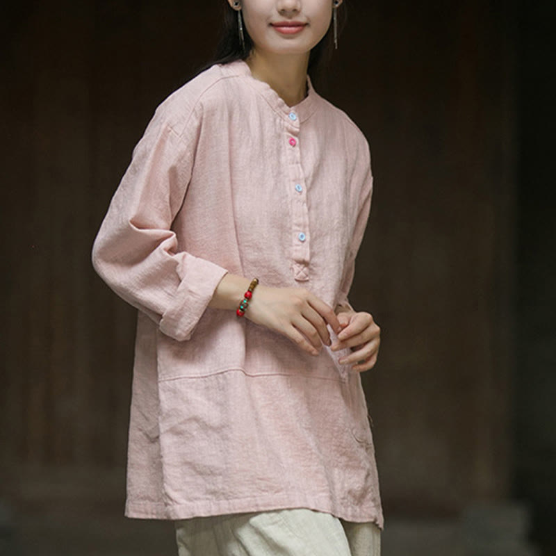 Camisa de mujer de lino y ramio con manga larga y medio botón de color liso con Buddha Stones