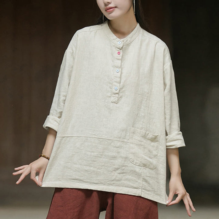 Camisa de mujer de lino y ramio con manga larga y medio botón de color liso con Buddha Stones