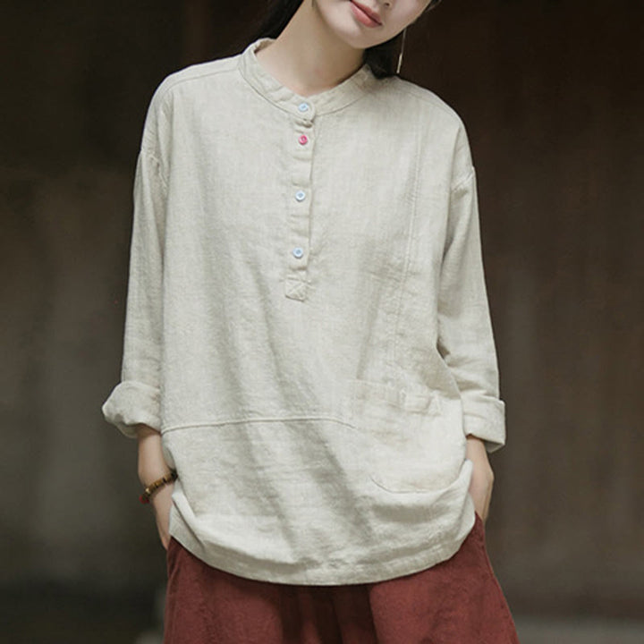 Camisa de mujer de lino y ramio con manga larga y medio botón de color liso con Buddha Stones