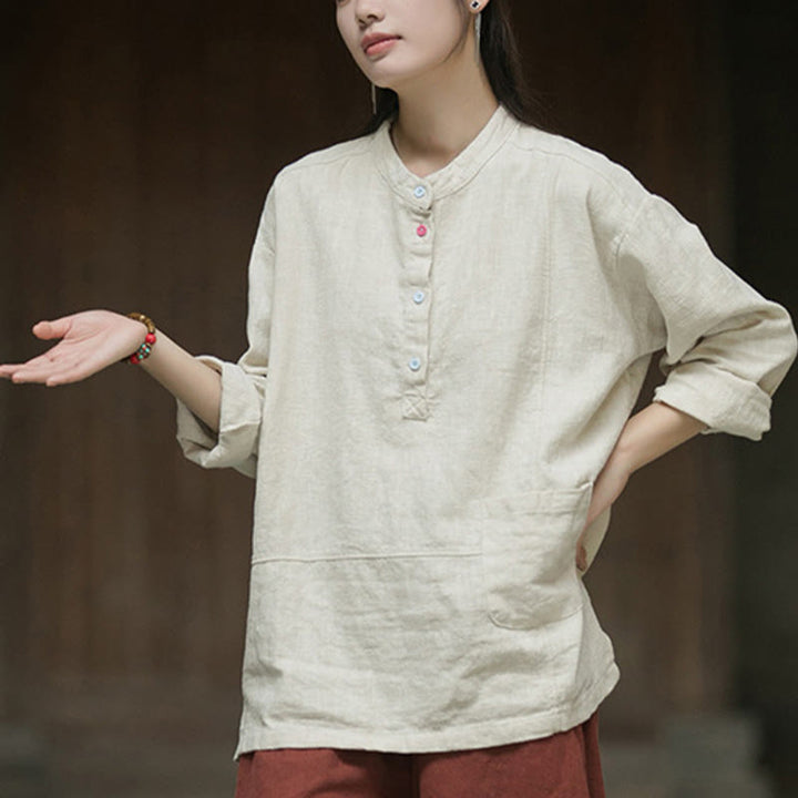 Camisa de mujer de lino y ramio con manga larga y medio botón de color liso con Buddha Stones