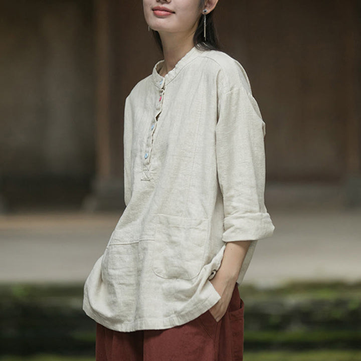 Camisa de mujer de lino y ramio con manga larga y medio botón de color liso con Buddha Stones