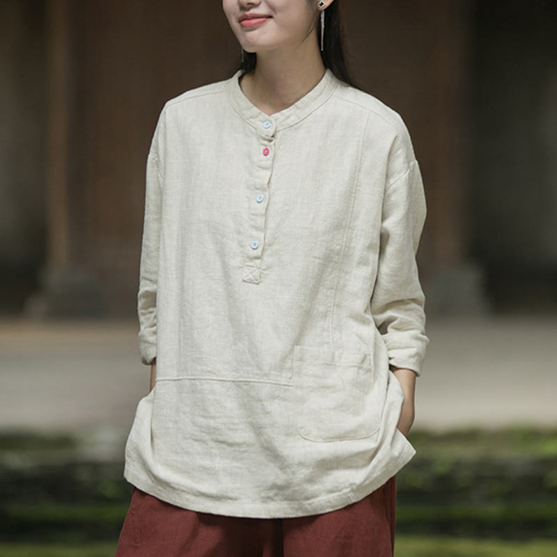 Camisa de mujer de lino y ramio con manga larga y medio botón de color liso con Buddha Stones