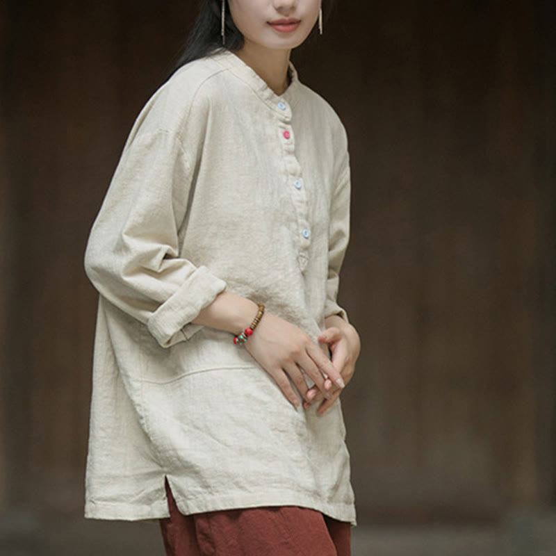 Camisa de mujer de lino y ramio con manga larga y medio botón de color liso con Buddha Stones