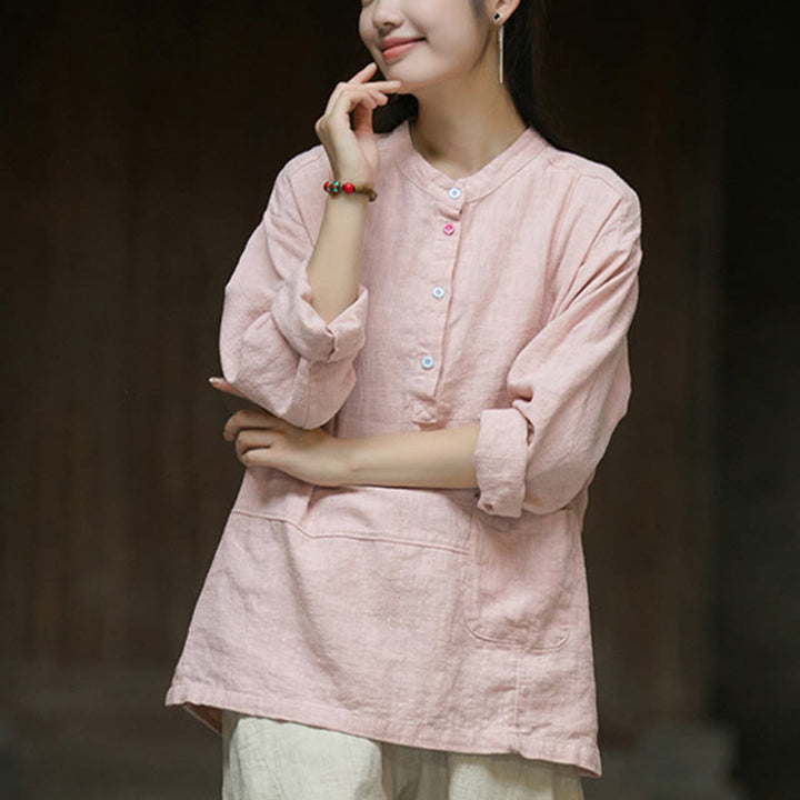 Camisa de mujer de lino y ramio con manga larga y medio botón de color liso con Buddha Stones