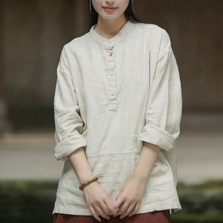 Camisa de mujer de lino y ramio con manga larga y medio botón de color liso con Buddha Stones