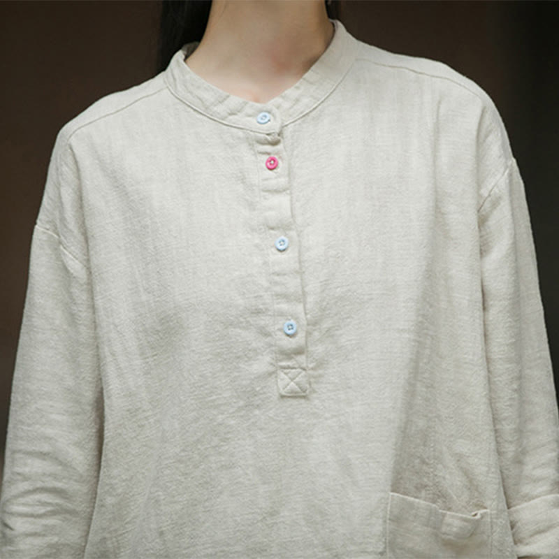 Camisa de mujer de lino y ramio con manga larga y medio botón de color liso con Buddha Stones