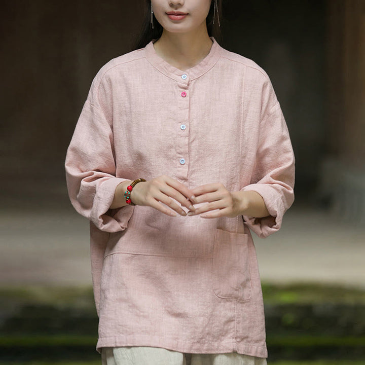 Camisa de mujer de lino y ramio con manga larga y medio botón de color liso con Buddha Stones