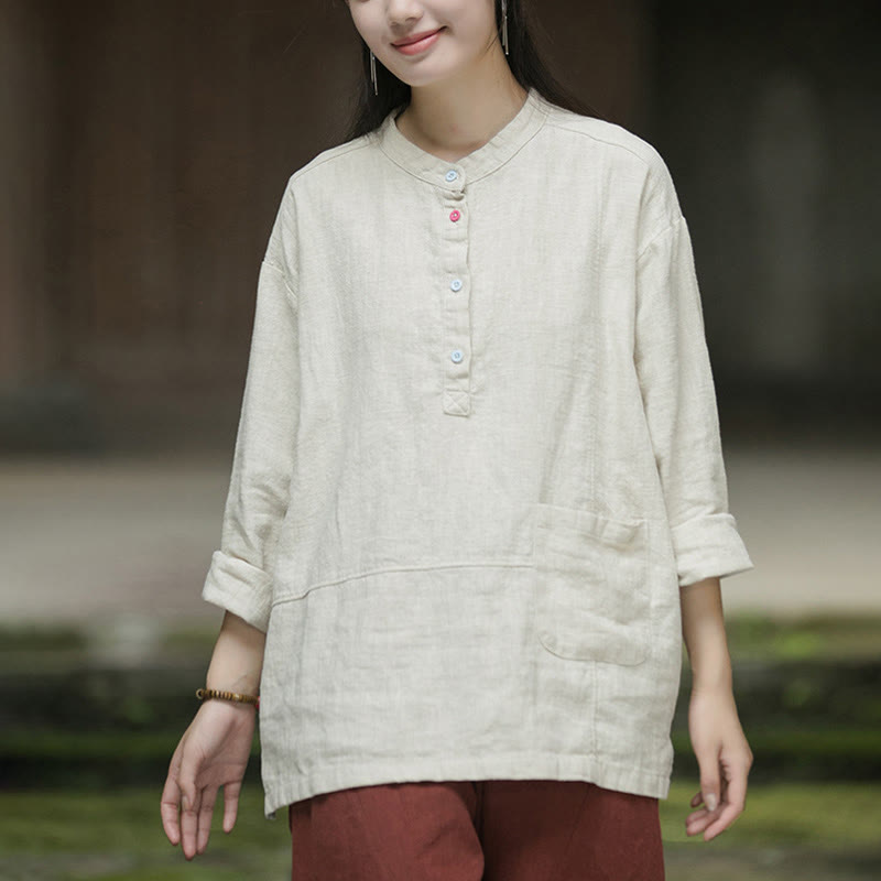 Camisa de mujer de lino y ramio con manga larga y medio botón de color liso con Buddha Stones