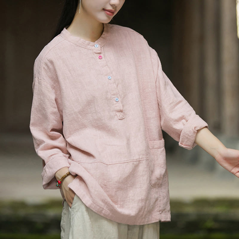 Camisa de mujer de lino y ramio con manga larga y medio botón de color liso con Buddha Stones