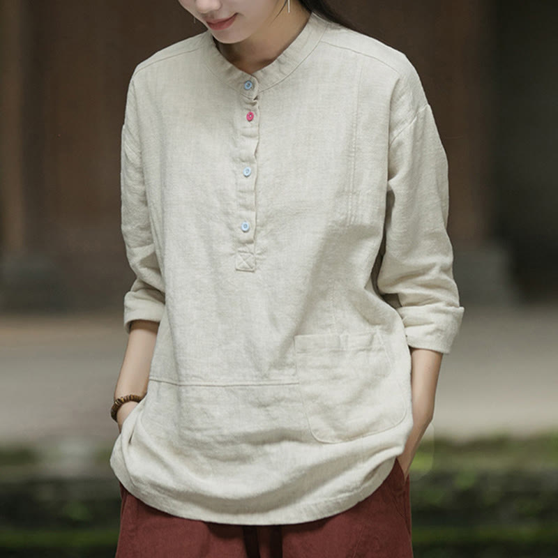 Camisa de mujer de lino y ramio con manga larga y medio botón de color liso con Buddha Stones