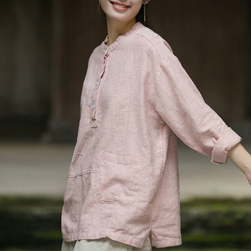 Camisa de mujer de lino y ramio con manga larga y medio botón de color liso con Buddha Stones