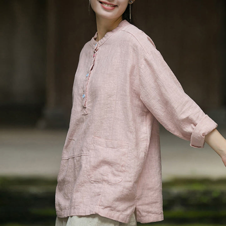 Camisa de mujer de lino y ramio con manga larga y medio botón de color liso con Buddha Stones