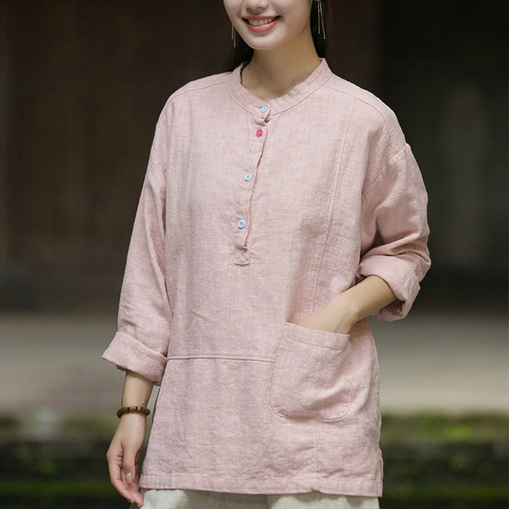 Camisa de mujer de lino y ramio con manga larga y medio botón de color liso con Buddha Stones