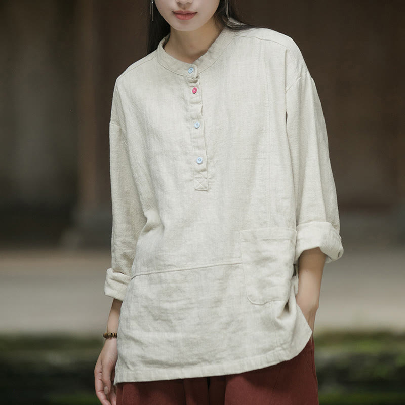 Camisa de mujer de lino y ramio con manga larga y medio botón de color liso con Buddha Stones