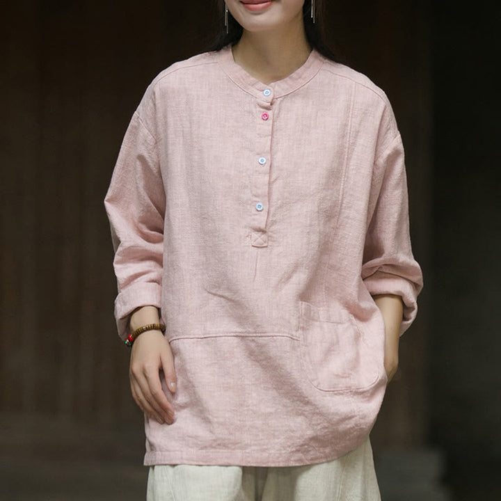 Camisa de mujer de lino y ramio con manga larga y medio botón de color liso con Buddha Stones