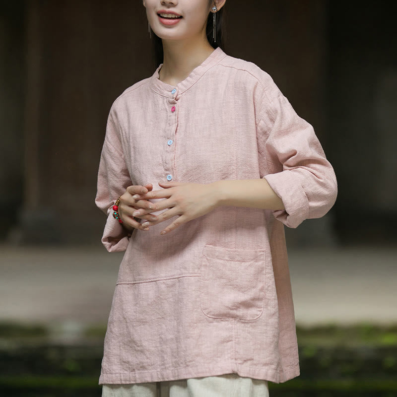 Camisa de mujer de lino y ramio con manga larga y medio botón de color liso con Buddha Stones