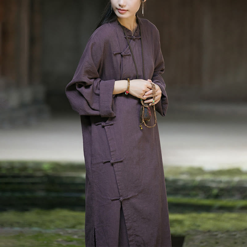 Vestido midi de lino y ramio con mangas largas y botones de rana en color liso de Buddha Stones - image 21