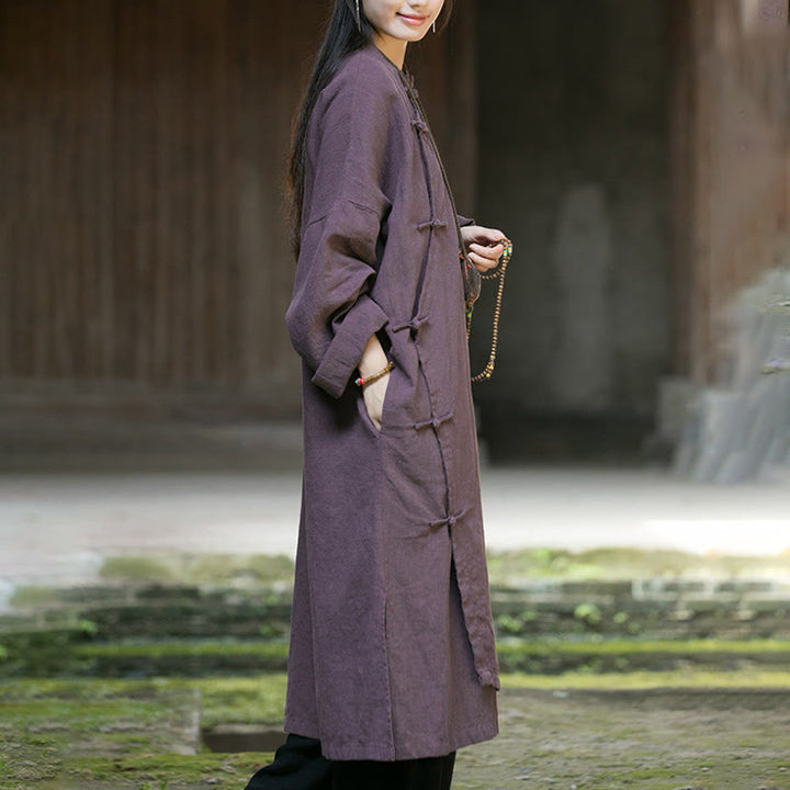Vestido midi de lino y ramio con mangas largas y botones de rana en color liso de Buddha Stones - image 16