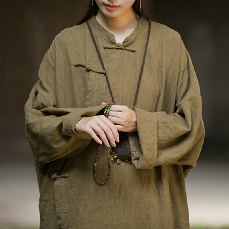 Vestido midi de lino y ramio con mangas largas y botones de rana en color liso de Buddha Stones - image 11