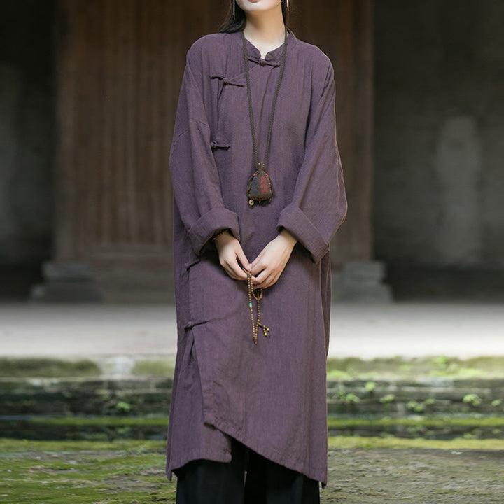 Vestido midi de lino y ramio con mangas largas y botones de rana en color liso de Buddha Stones - Púrpura - US4-12, UK/AU8-16, EU36-44 (F) - image 14