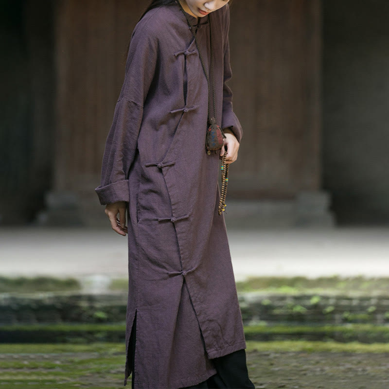 Vestido midi de lino y ramio con mangas largas y botones de rana en color liso de Buddha Stones - image 18
