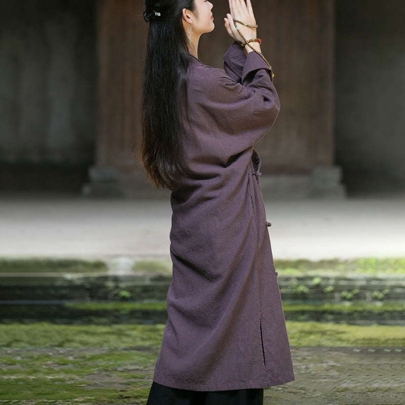 Vestido midi de lino y ramio con mangas largas y botones de rana en color liso de Buddha Stones - image 17