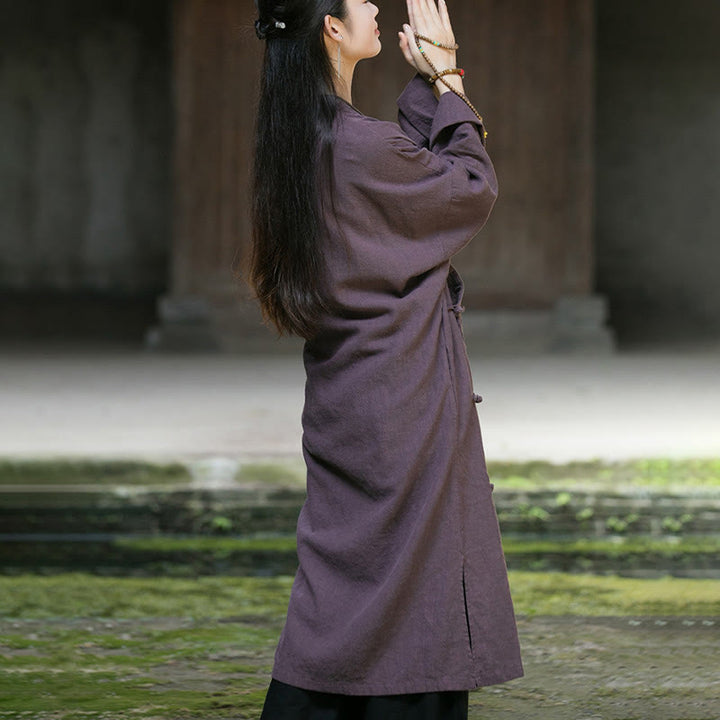 Vestido midi de lino y ramio con mangas largas y botones de rana en color liso de Buddha Stones - image 17