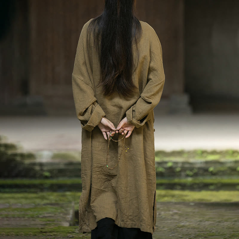 Vestido midi de lino y ramio con mangas largas y botones de rana en color liso de Buddha Stones - image 4