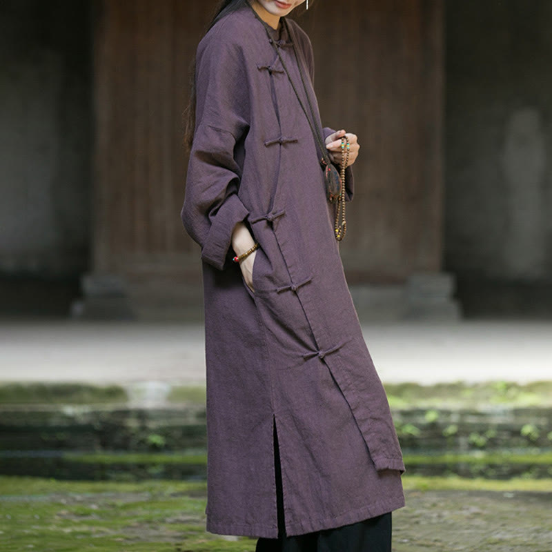 Vestido midi de lino y ramio con mangas largas y botones de rana en color liso de Buddha Stones - image 19