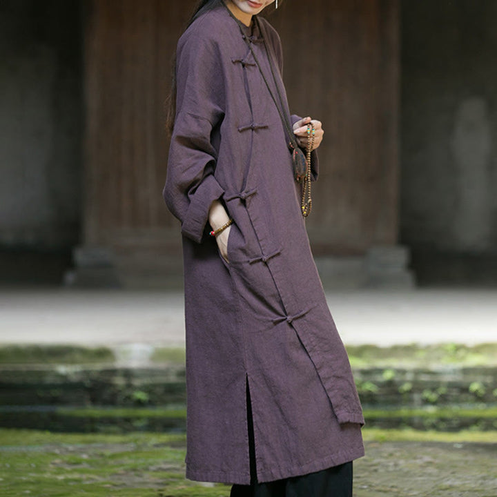 Vestido midi de lino y ramio con mangas largas y botones de rana en color liso de Buddha Stones - image 19