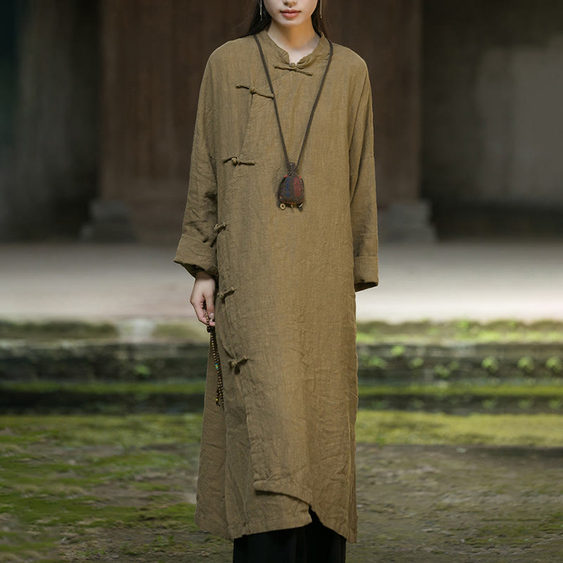 Vestido midi de lino y ramio con mangas largas y botones de rana en color liso de Buddha Stones - image 1