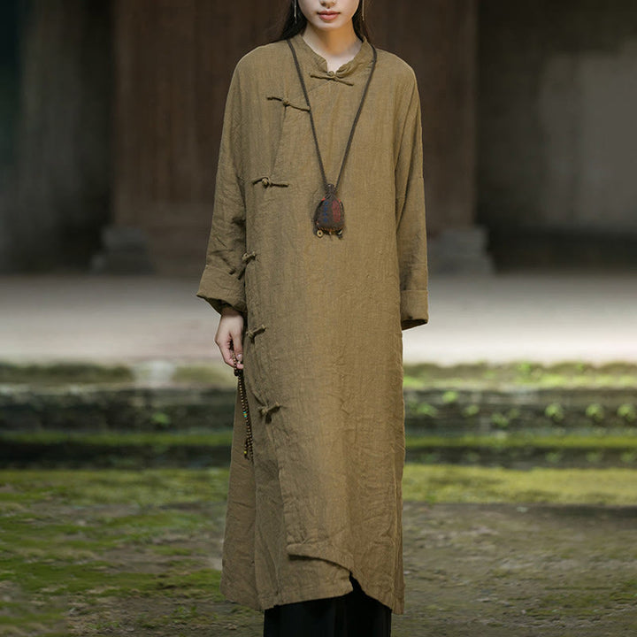 Vestido midi de lino y ramio con mangas largas y botones de rana en color liso de Buddha Stones - image 1
