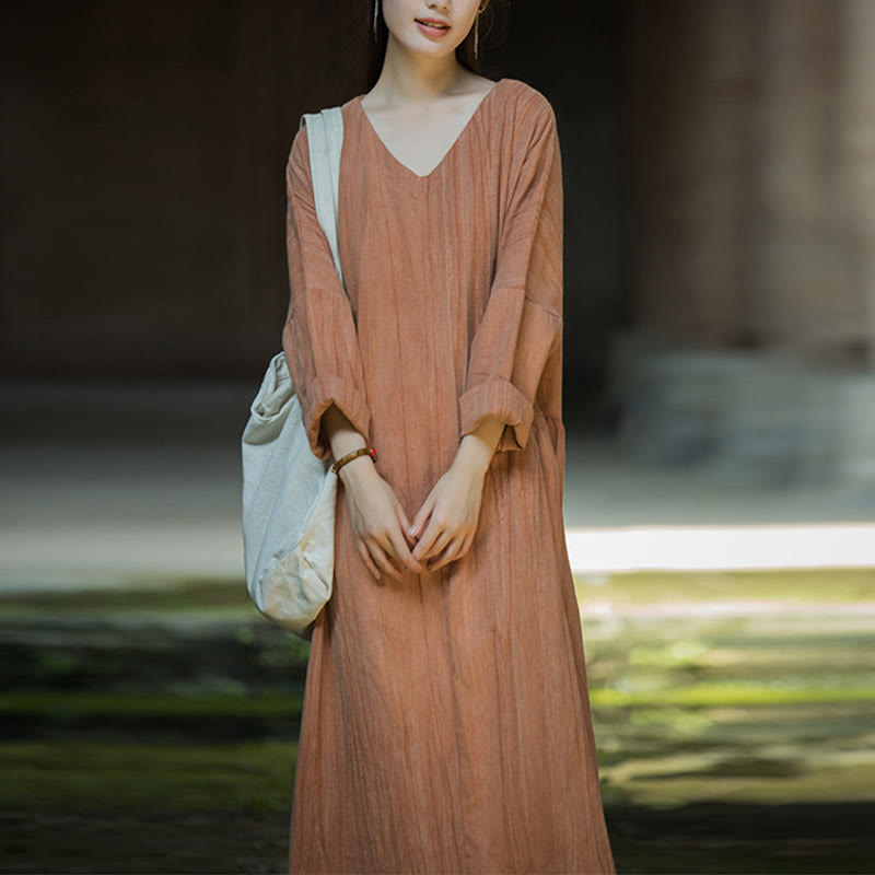 Vestido midi de lino y ramio con cuello en V, manga larga y color liso con Buddha Stones