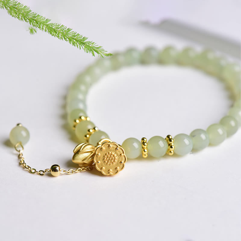Pulsera de la suerte con loto de jade hetiano natural y Buddha Stones