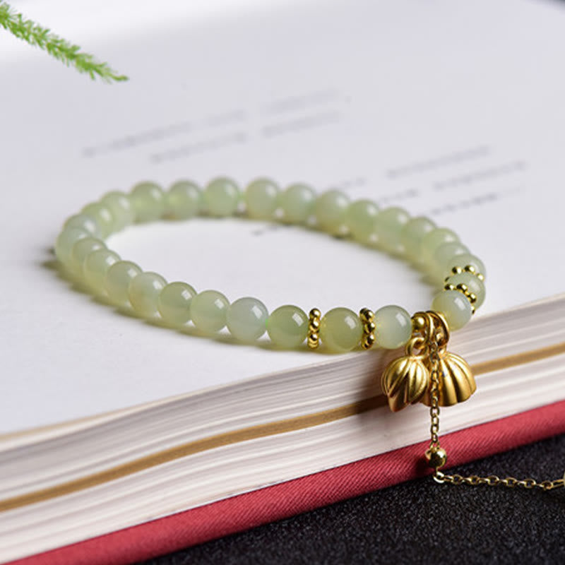 Pulsera de la suerte con loto de jade hetiano natural y Buddha Stones