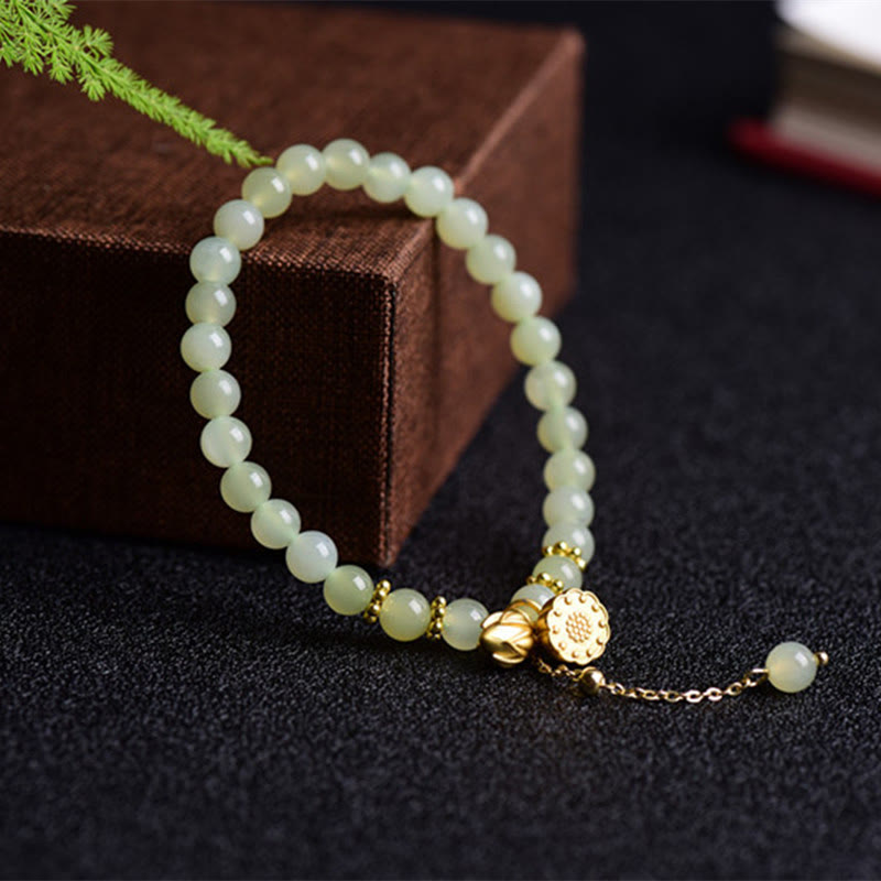 Pulsera de la suerte con loto de jade hetiano natural y Buddha Stones