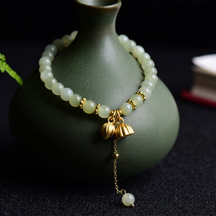 Pulsera de la suerte con loto de jade hetiano natural y Buddha Stones