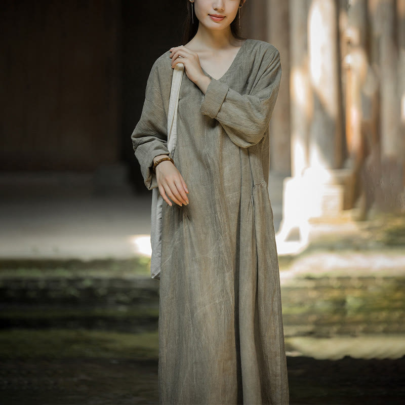 Vestido midi de lino y ramio con cuello en V, manga larga y color liso con Buddha Stones