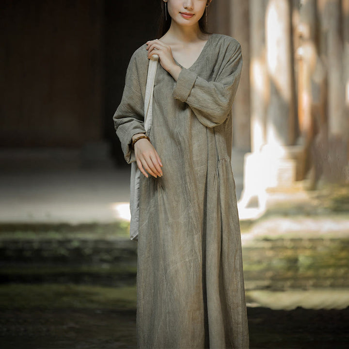 Vestido midi de lino y ramio con cuello en V, manga larga y color liso con Buddha Stones