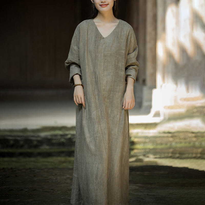 Vestido midi de lino y ramio con cuello en V, manga larga y color liso con Buddha Stones - Caqui oscuro - US4-8/10, UK/AU8-12/14, EU36-40/42 (F) - image 13