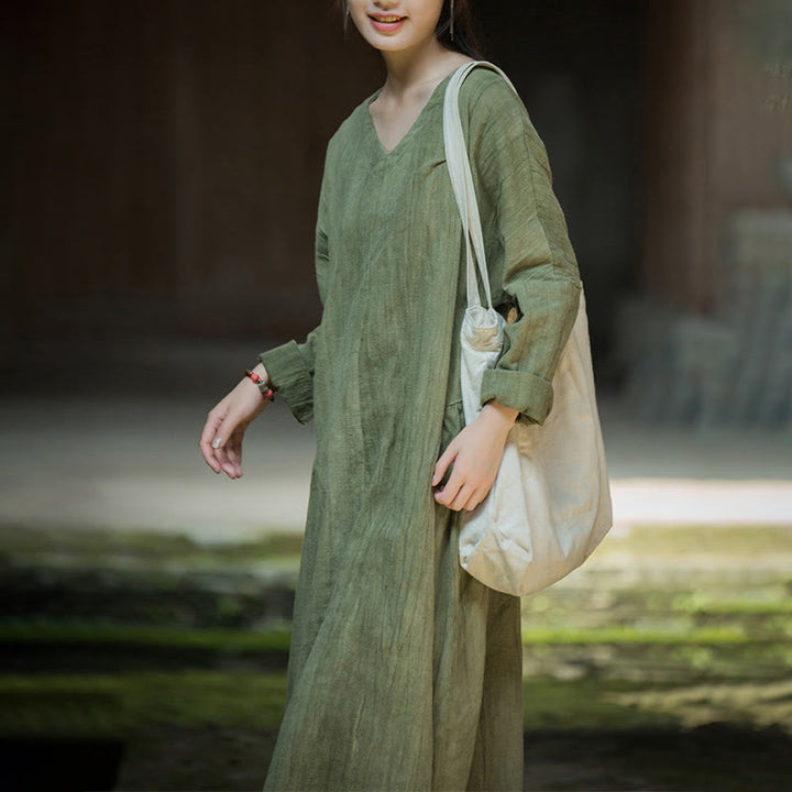 Vestido midi de lino y ramio con cuello en V, manga larga y color liso con Buddha Stones