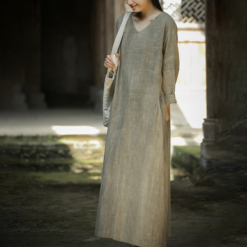 Vestido midi de lino y ramio con cuello en V, manga larga y color liso con Buddha Stones