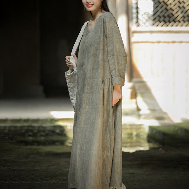 Vestido midi de lino y ramio con cuello en V, manga larga y color liso con Buddha Stones
