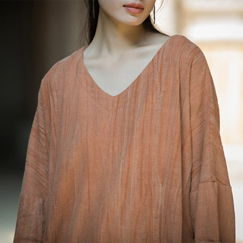 Vestido midi de lino y ramio con cuello en V, manga larga y color liso con Buddha Stones